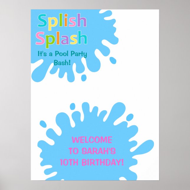 Splish Splash Pool Party Girl Birthday Poster (Front)