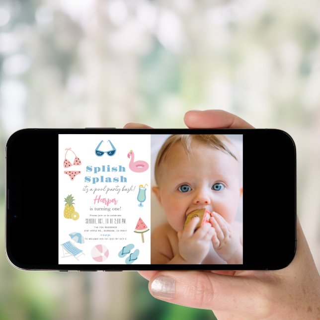 Splish Splash Pool Party Girl Photo 1st Birthday Invitation (Front Digital)