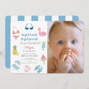 Splish Splash Pool Party Girl Photo 1st Birthday Invitation