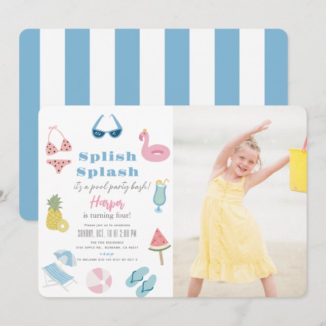 Splish Splash Pool Party Girl Photo Birthday Invitation (Front/Back)