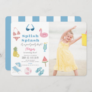 Splish Splash Pool Party Girl Photo Birthday Invitation