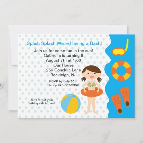 Splish Splash Pool Party Girls Birthday Invitation