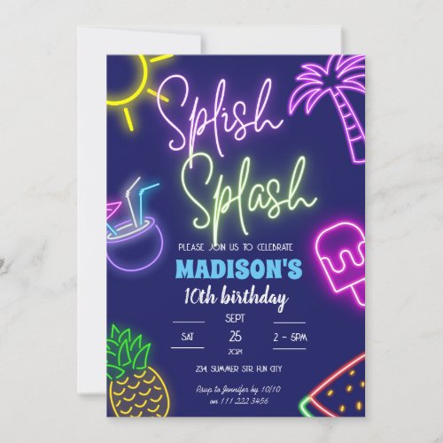 Splish Splash Pool Party Glow Neon Birthday Invitation