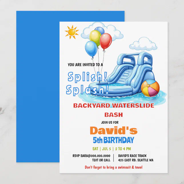 Splish Splash Pool Party Waterslide Birthday Invitation | Zazzle