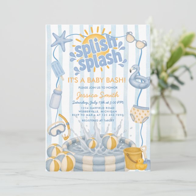Splish Splash Pool Summer Blue Baby Shower Invitation (Standing Front)