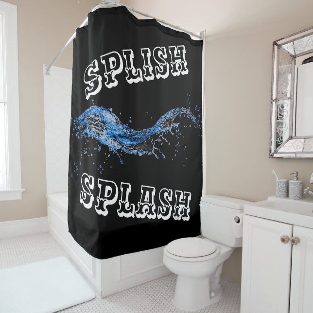 Splish Splash Shower Curtain in Black, Blue, White (In Situ)