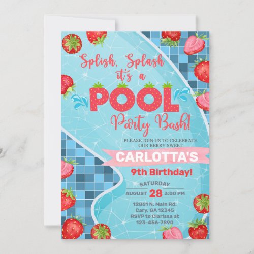 Splish splash strawberries pool party invitation  invitation