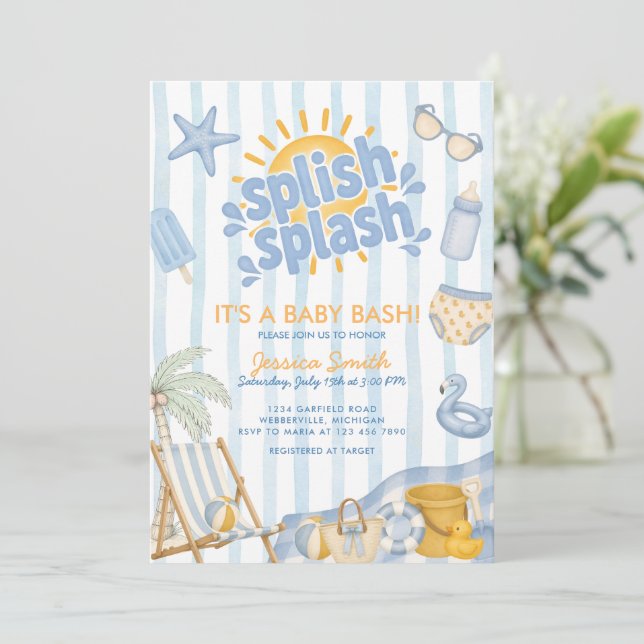 Splish Splash Summer Blue Baby Shower Invitation (Standing Front)