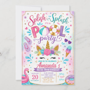 Splish Splash Summer Pastel Unicorn Pool Birthday Invitation