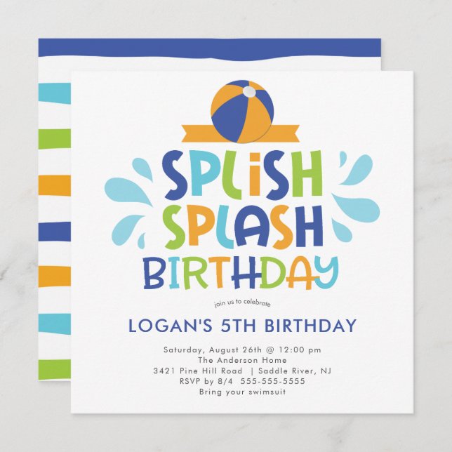 Splish Splash Summer Pool Birthday Invitation (Front/Back)
