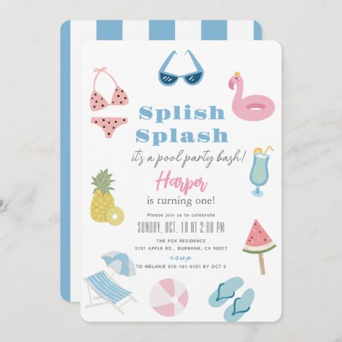 Splish Splash Summer Pool Party Girl 1st Birthday Invitation