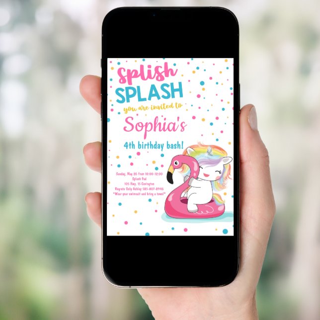 Splish Splash Unicorn Bash Pool Girl Birthday Invitation (Front Digital)