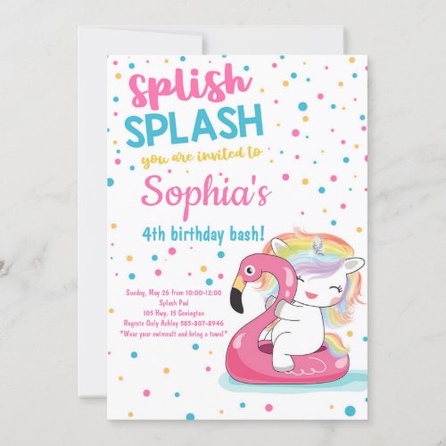 Splish Splash Unicorn Bash Pool Girl Birthday Invitation