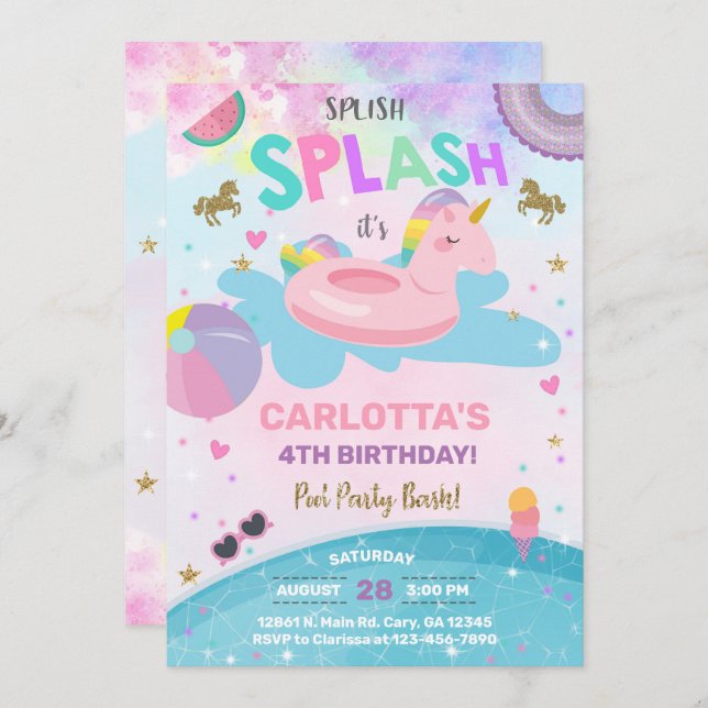 Splish splash unicorn pool party birthday invite.  invitation (Front/Back)