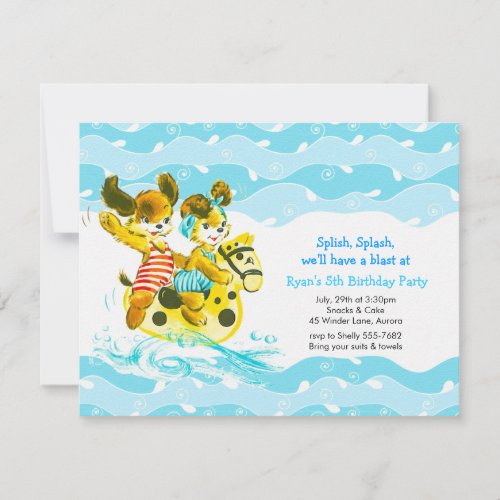 Splish Splash Vintage Dogs Swimming Birthday Party Personalized Invitation