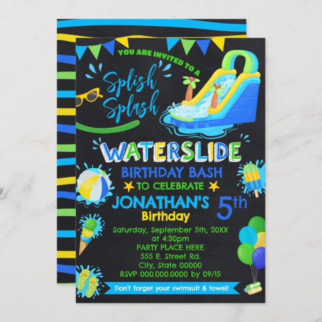 Splish Splash Waterslide Birthday Party Blue Green Invitation (Front/Back)