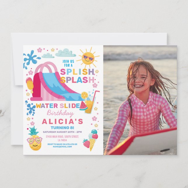 Splish Splash Waterslide Birthday Party Photo Invitation (Front)