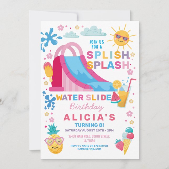 Splish Splash Waterslide Birthday Party Sun Invitation (Front)