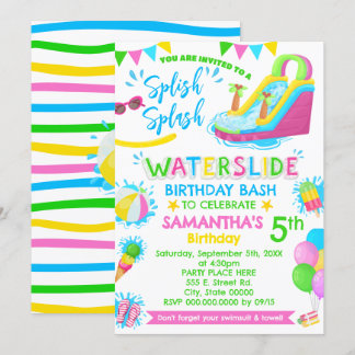 Splish Splash Waterslide Birthday Pink Pool Party Invitation