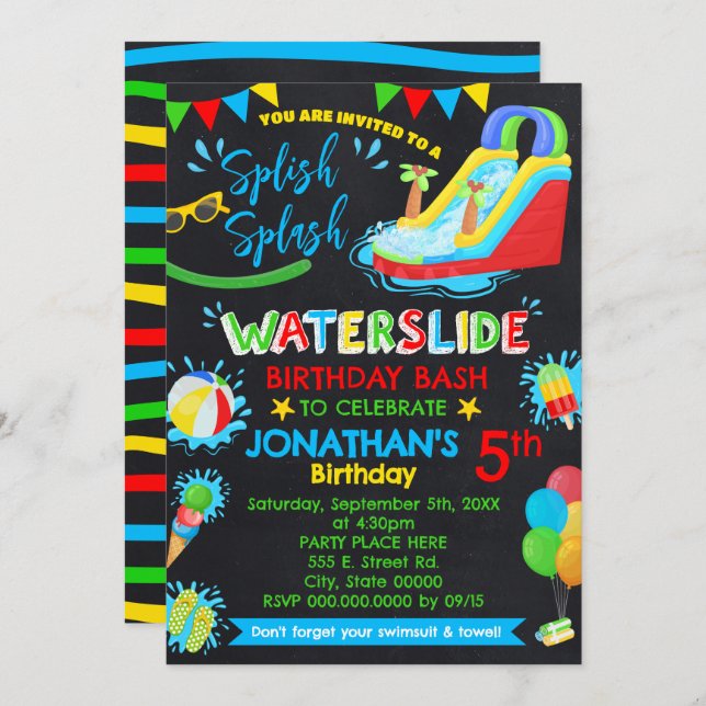 Splish Splash Waterslide Birthday Primary Color Invitation (Front/Back)
