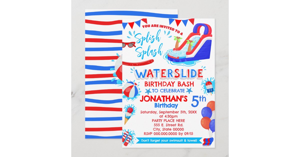 Splish Splash Waterslide Birthday Red White Blue Invitation | Zazzle