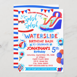 Splish Splash Waterslide Birthday Red White Blue Invitation