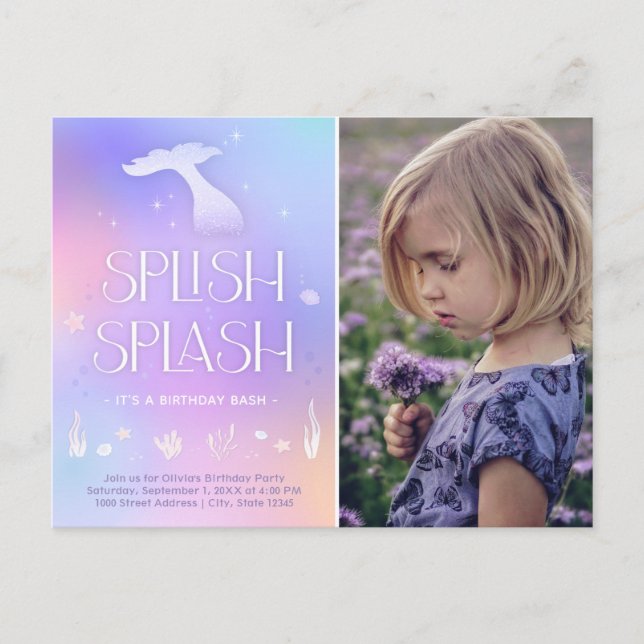 Splish Splash Whimsical Sparkly Mermaid Birthday Postcard (Front)