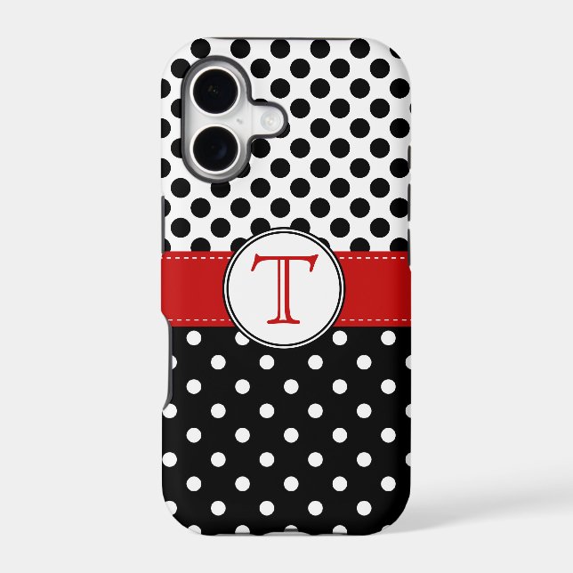 Split Black White Polka Dot RedvMonogram Iphone Case (Back)