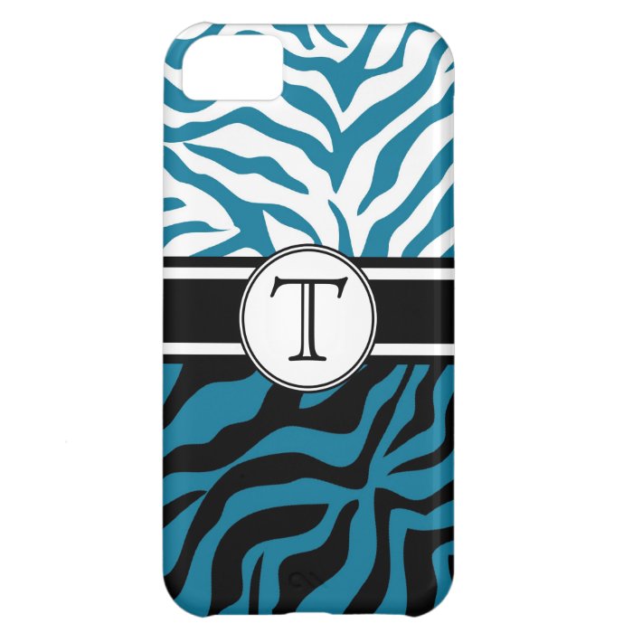 Split Blue Black White Zebra Pattern with Monogram iPhone 5C Cases