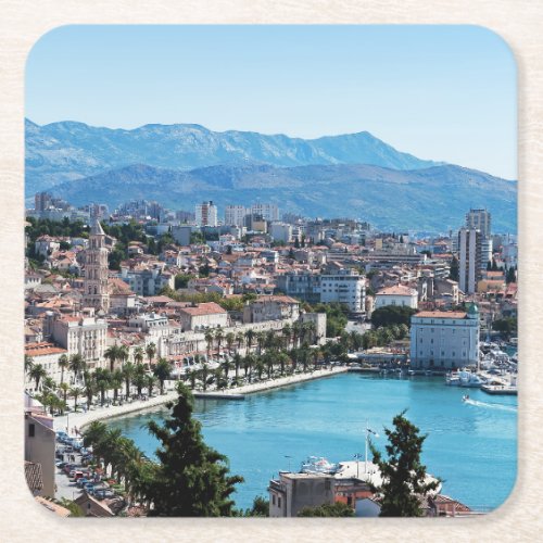 Split city seafront aerial view Dalmatia Croatia Square Paper Coaster