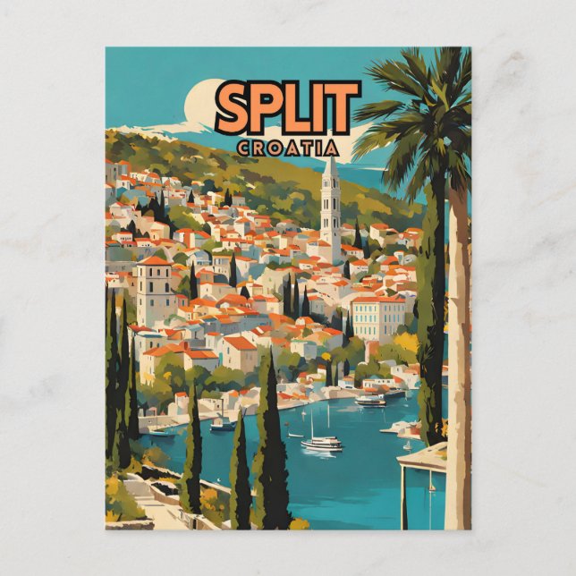Split Croatia Nostalgic Retro Travel Poster Postcard (Front)