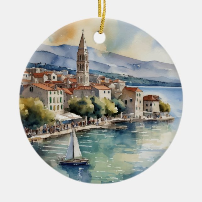Split Croatia Sailing Watercolor Ceramic Ornament (Front)