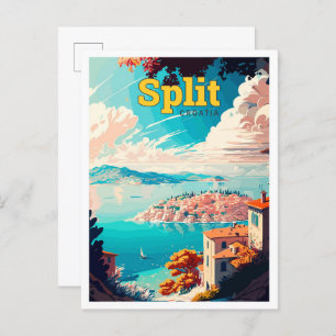 Split Croatia Travel Vintage Illustration Postcard