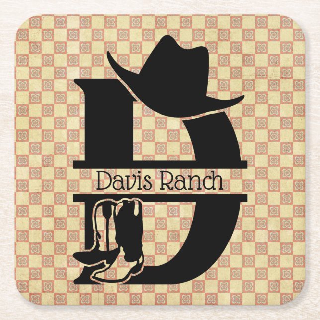 Split 'D' Cowboy Monogram Square Paper Coaster (Front)