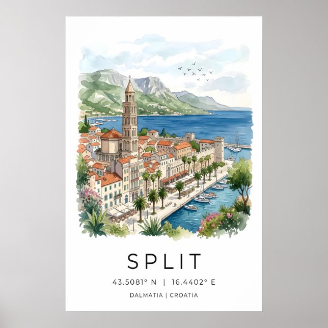 Split Dalmatia Art Print Watercolor Waterfront (Front)