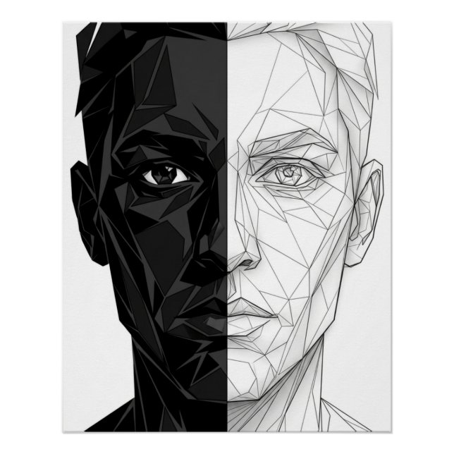 Split Face Low Poly Geometric Line Art Poster (Front)