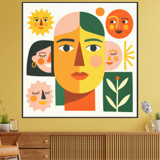 Split-Face Portrait Collage with Sun & Mini Faces Canvas Print