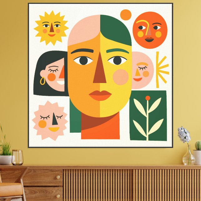 Split-Face Portrait Collage with Sun & Mini Faces Canvas Print (Insitu(LivingRoom))