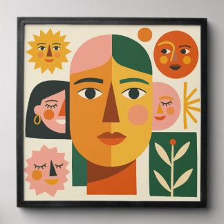 Split-Face Portrait Collage with Sun & Mini Faces Peel And Stick Photo Tile