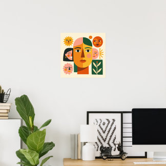 Split-Face Portrait Collage with Sun & Mini Faces Poster