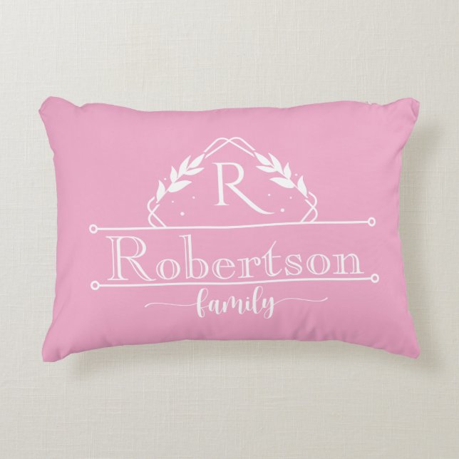 Split Monogram Family Name Baby Pink Frame Accent Pillow (Front)