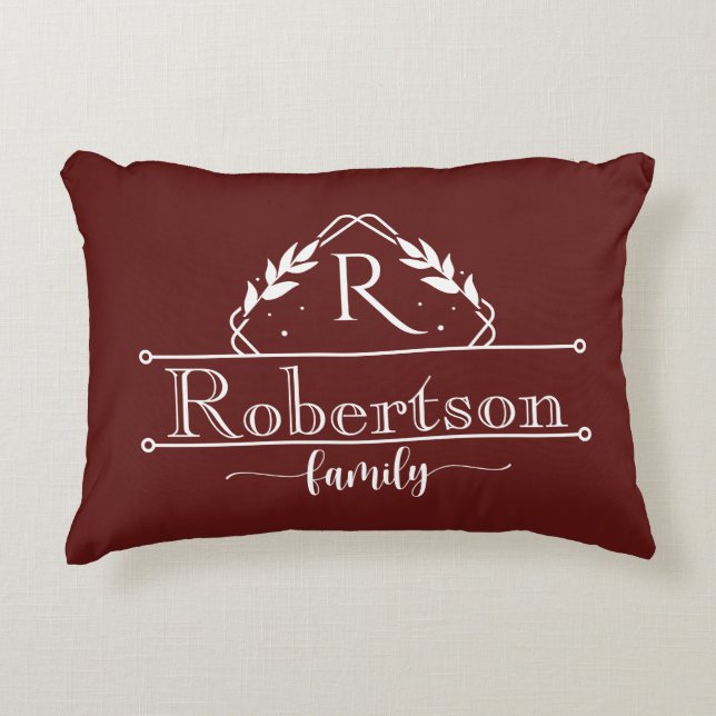 Split Monogram Family Name Deep Burgundy Frame Accent Pillow (Front)