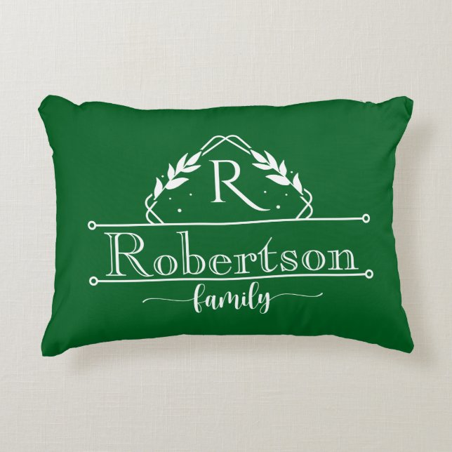 Split Monogram Family Name Forest Green Frame Accent Pillow (Front)