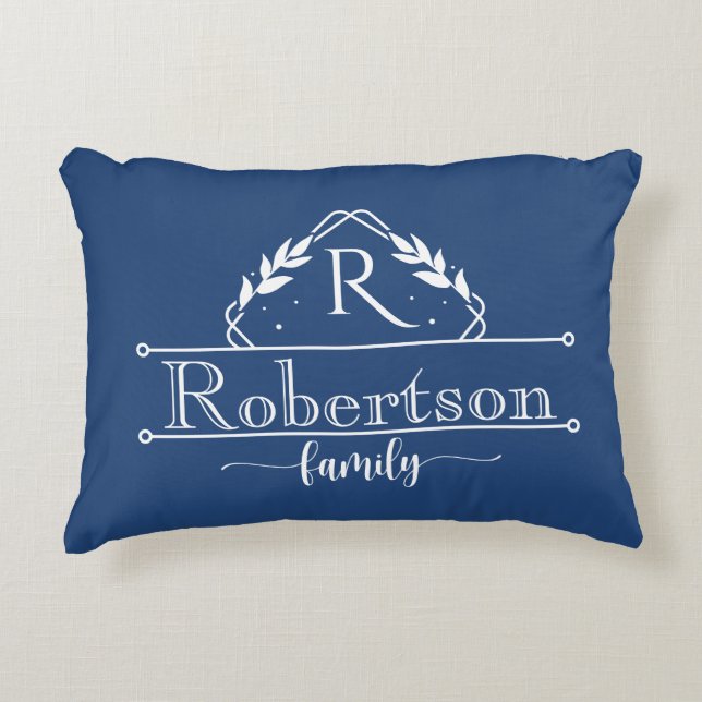 Split Monogram Family Name Midnight Blue Frame Accent Pillow (Front)