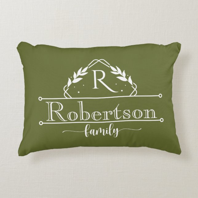 Split Monogram Family Name Olive Green Frame Accent Pillow (Front)