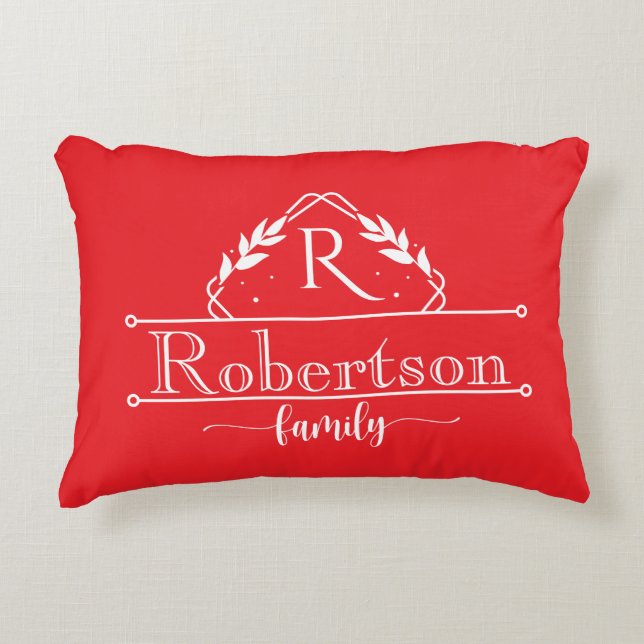 Split Monogram Family Name Red & White Frame Accent Pillow (Front)