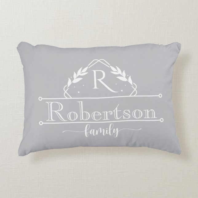 Split Monogram Family Name Silver Grey Frame Accent Pillow (Front)