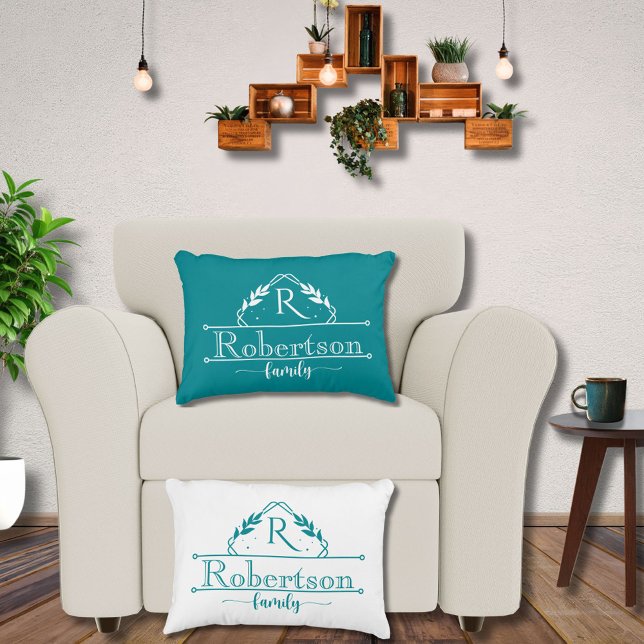 Split Monogram Family Name Tropical Teal Frame Accent Pillow (Creator Uploaded)