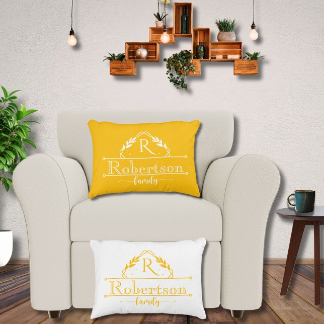 Split Monogram Family Name Yellow Orange Frame Accent Pillow (Creator Uploaded)