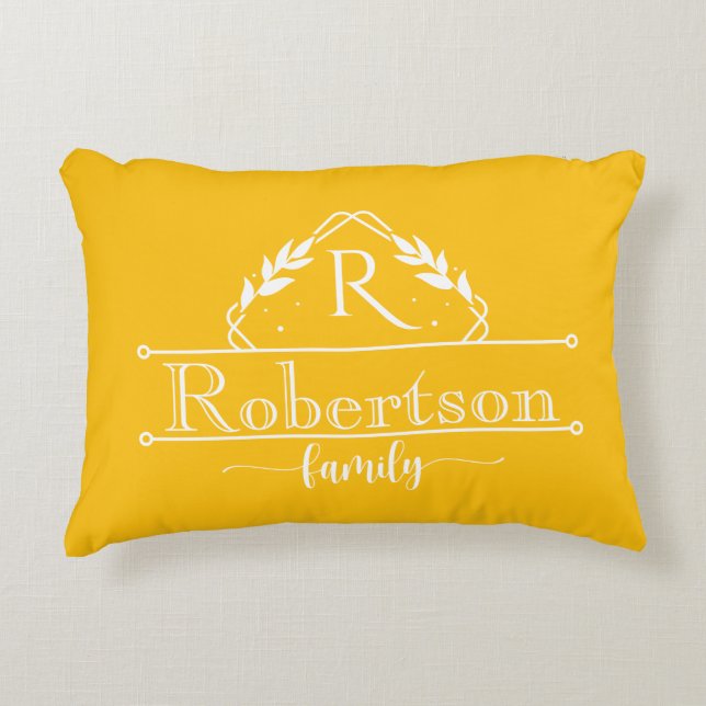 Split Monogram Family Name Yellow Orange Frame Accent Pillow (Front)